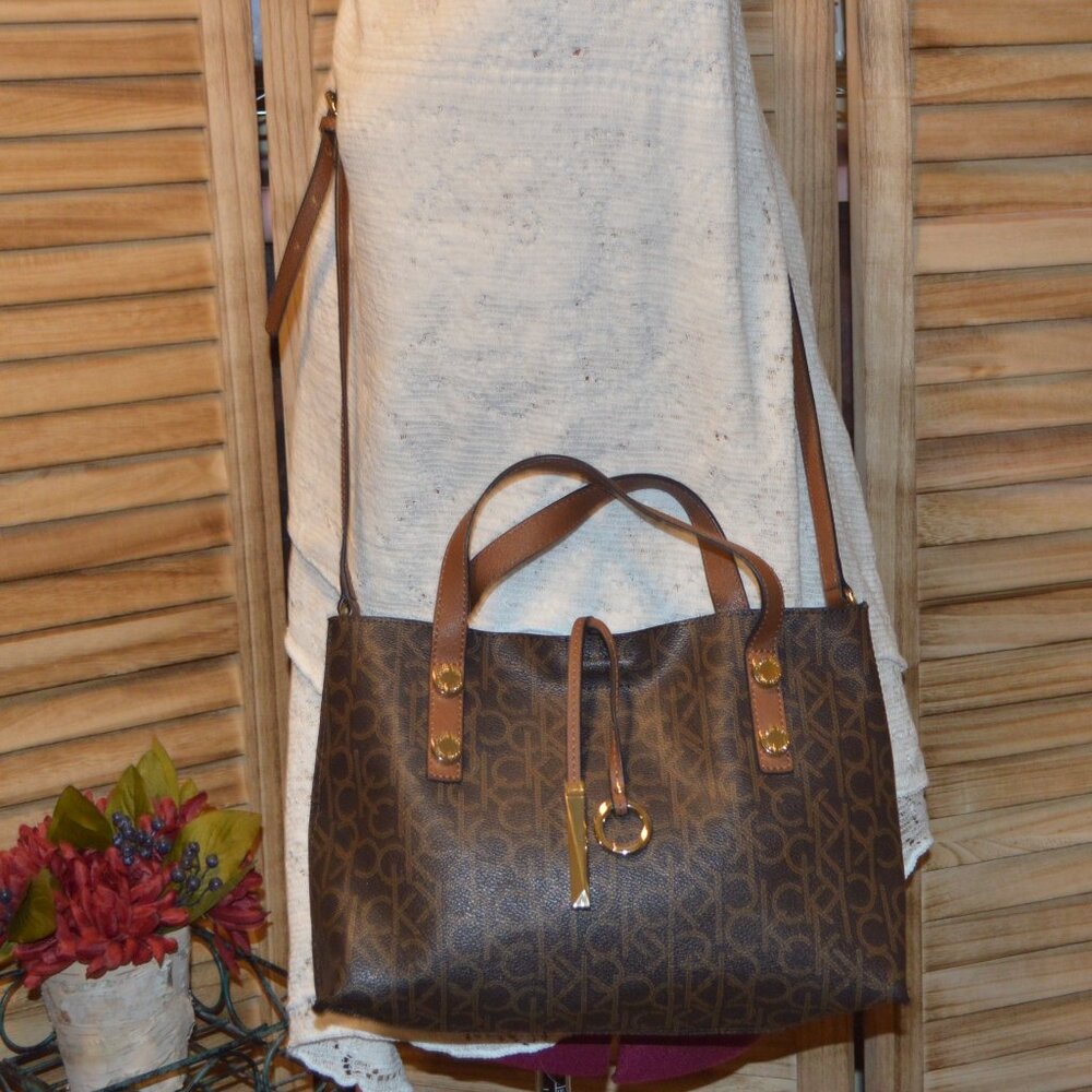 Calvin Klein Signature Pattern Convertible Tote Brown Magnetic Closure